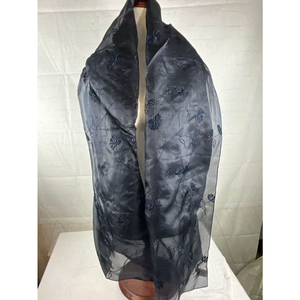 Woman’s Talbots Chiffon Black Scarf Wrap Shawl Embroidered Floral 71”x 25” Italy